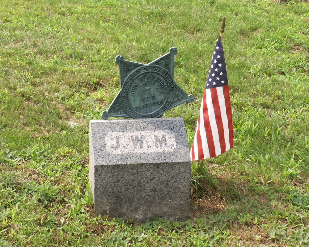 Civil War info on flag holder at gravesite of John Wesley Milburn at Methodist Cemetery, Succasunna, Roxbury Twp., Morris County, NJ.